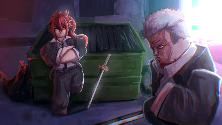 Official Kabuki artwork of two street fighters under neon light